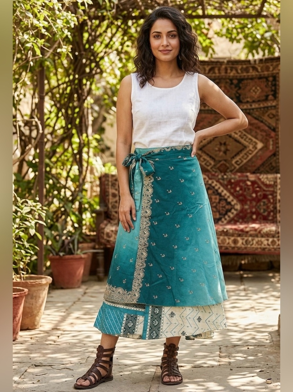 Bohemian Teal Wrap Midi Skirt with Layered Hem -one size